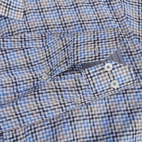 Bugatchi SZ 15.5 Classic Fit Cotton Men's Button Up Shirt- Blue, Tan and White - Picture 5 of 13